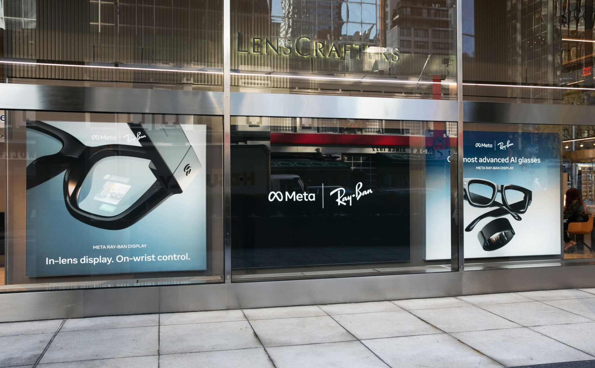 LensCrafters flagship storefront featuring the Meta Ray-Ban Display window activation